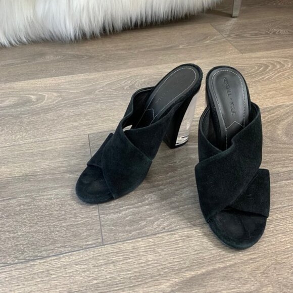 Kendall & Kylie Karmen Mules Heels Criss Cross Lucite Acrylic Clear Suede Black - Picture 6 of 16